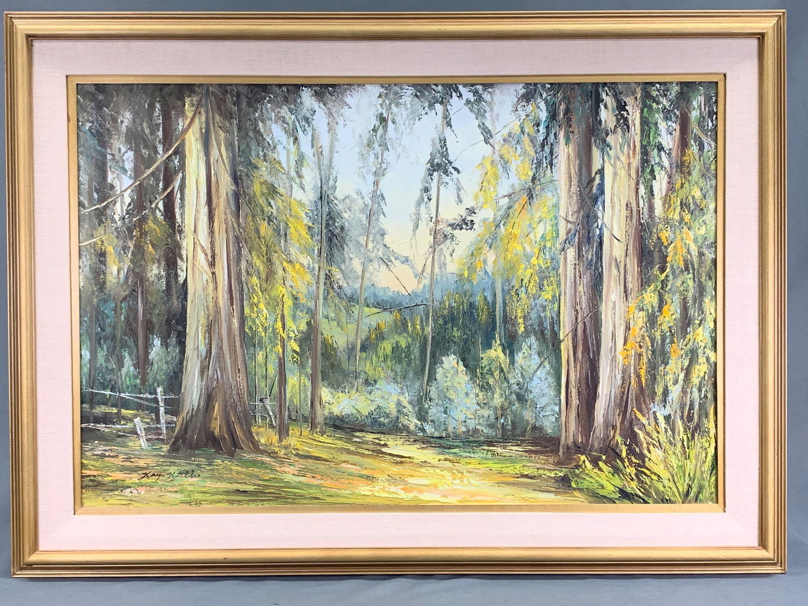 Kay Kettle California Redwood Landscape, Oil on Canvas: Painting of a colorful forest. Signed Kay Kettle. Approximately 43.25 x 31.5 in. Sight approximately 35.5 x 23.75 in.