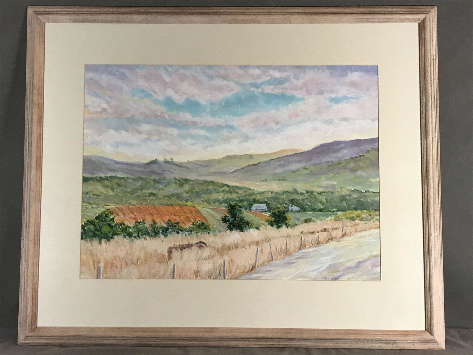 Pastel painting on paper signed Currie: Pastel painting on paper signed Currie, hilly landscape with Barnes signed lower right corner date 1988 framed and glazed