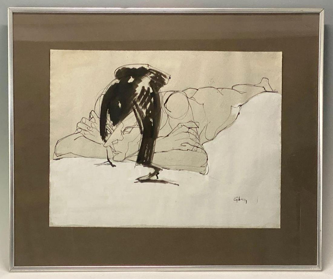 Reclining Woman, Cristina Galvez, Ink on Paper: Ink Line Drawing with Ink Wash and White Paint Of Nude Figure Laying Down on Stomach with Head Resting in Crossed Arms. Original artwork signed by Galvez. Artwork floating in frame. Approximately 27.7