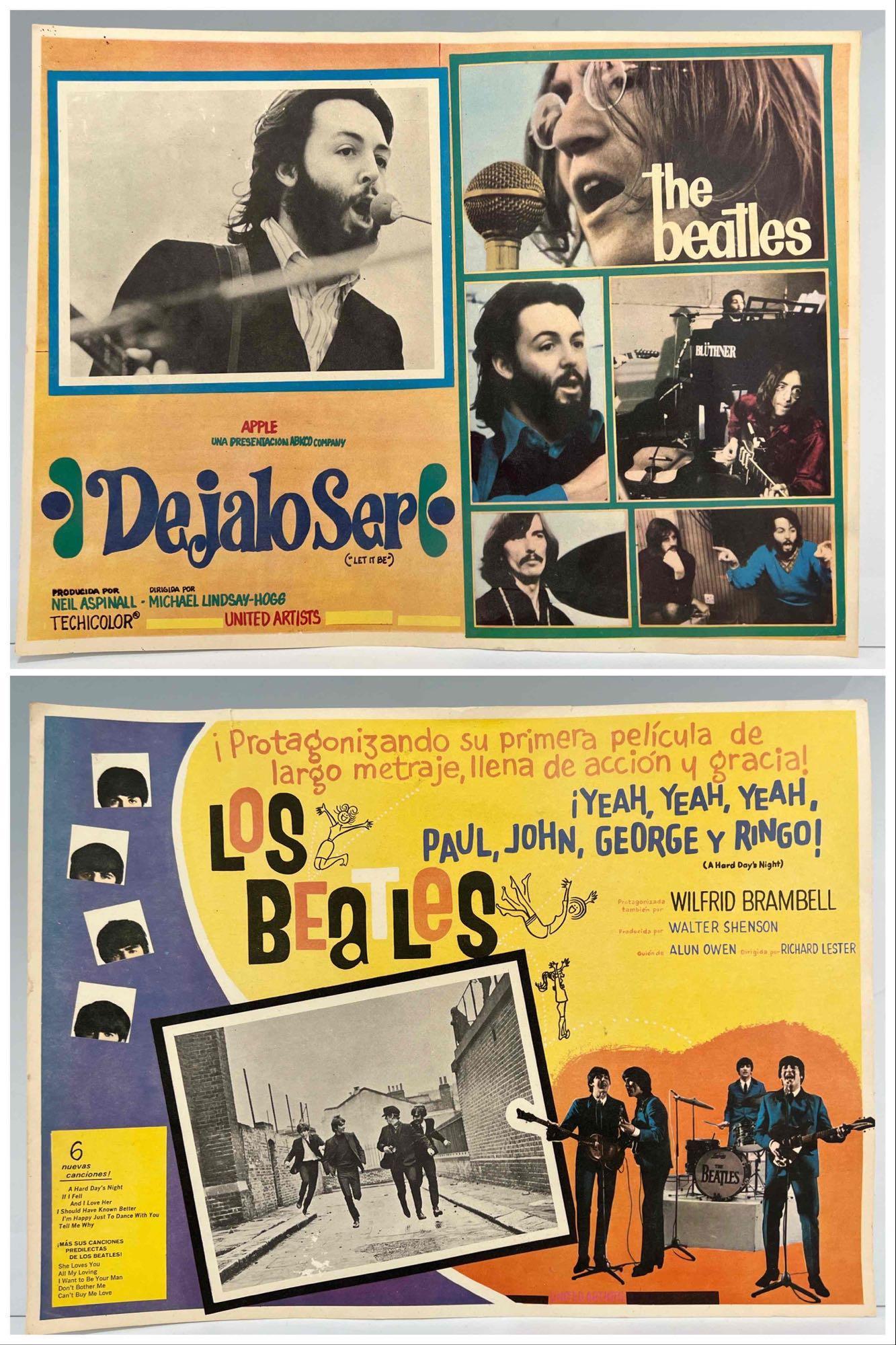Two The Beatles Spanish Lobby Cards from Mexico: 2 Beatles Posters. Marked Los Beatles, Protagonizando Su Primera Pelicula De Largo Metraje Llena De Accion Y Gracia!, United Artists. And The Beatles Dejalo Ser, Apple, Una Presentacion ABKCD Company,