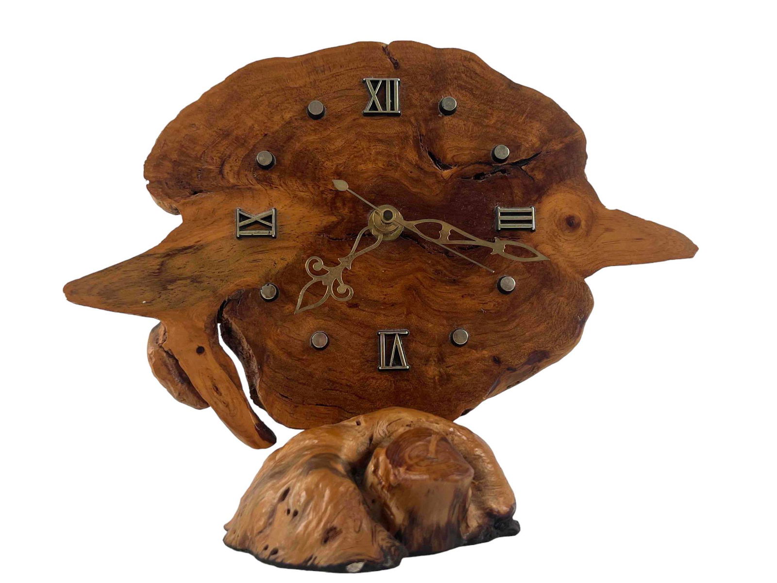 Burl Wood Clock: Burl Wood Clock. Not Running. Approximately 7.5H x 9.625W x 4.0D in.