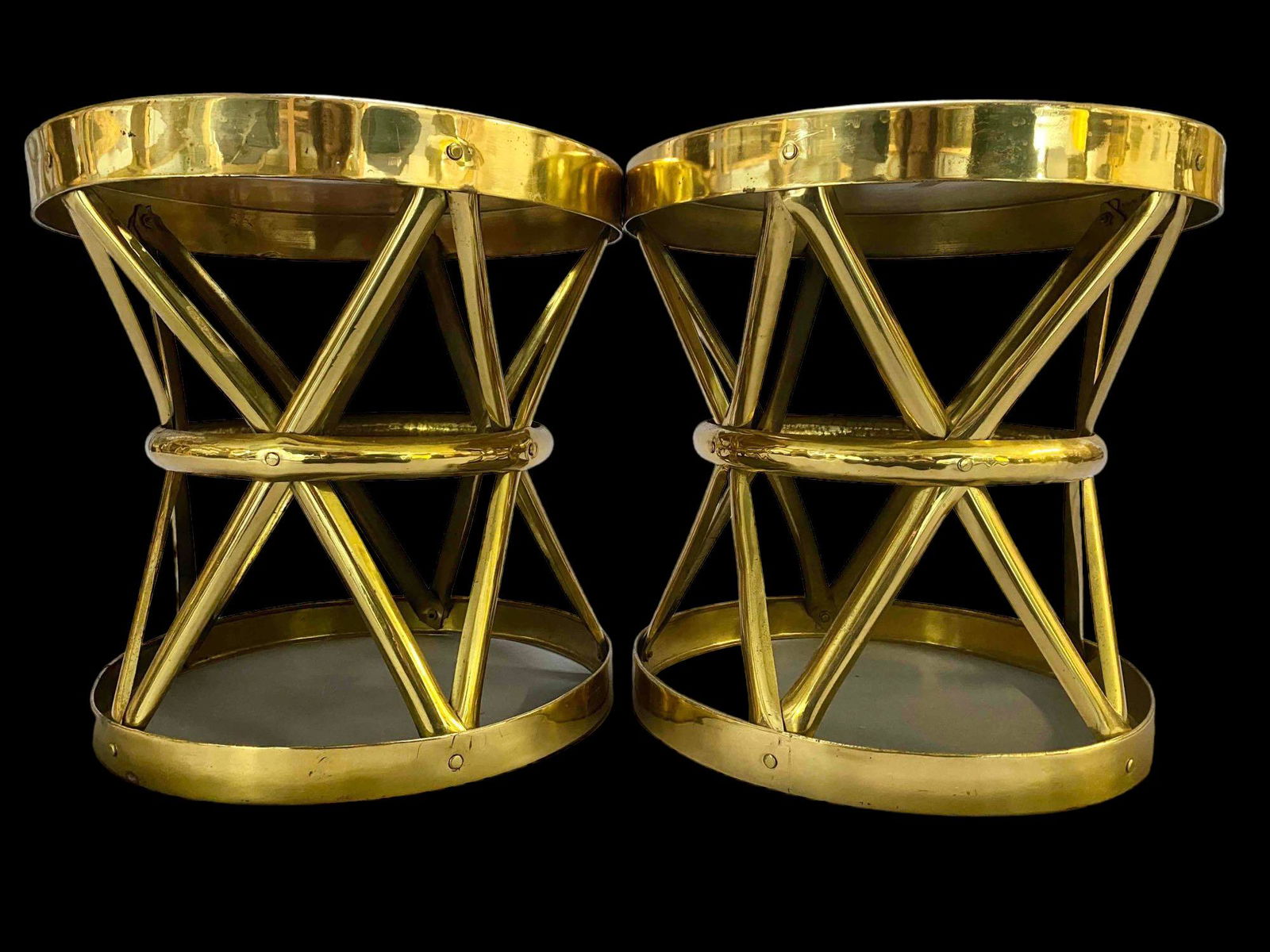 Pair of Sarreid Style Hammered Brass Corseted Stools (1 of 19)