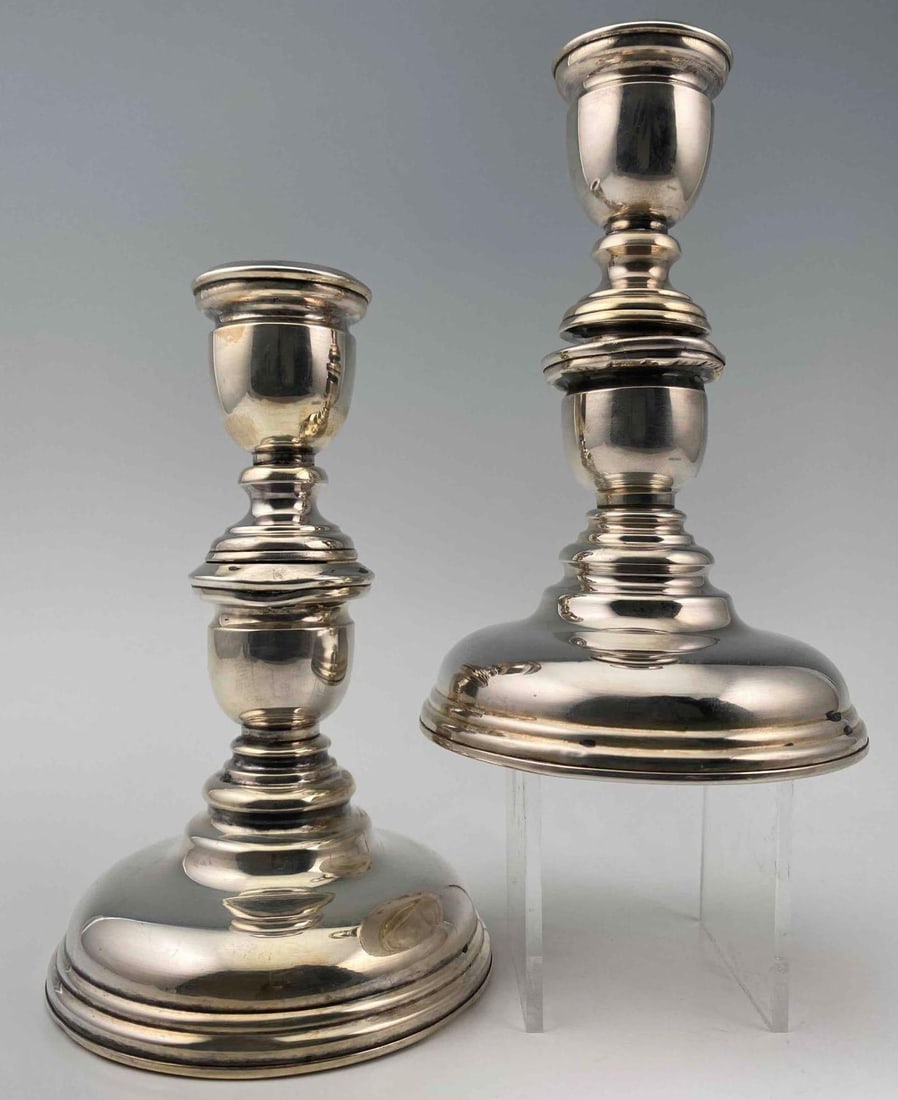 Pair of 950 Silver Candlesticks: Pair Of Sterling Silver Candle Sticks, 809.2g. Weighted. Both Marked "Sterling 950 silver". Each Approximately 5.75H x 3.5W