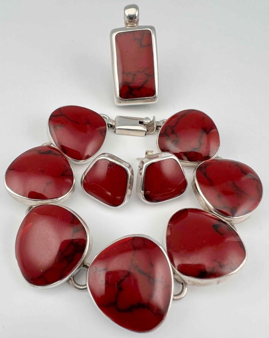 Sterling Silver Red Jasper Bracelet Earrings & Pendant Set (1 of 10)
