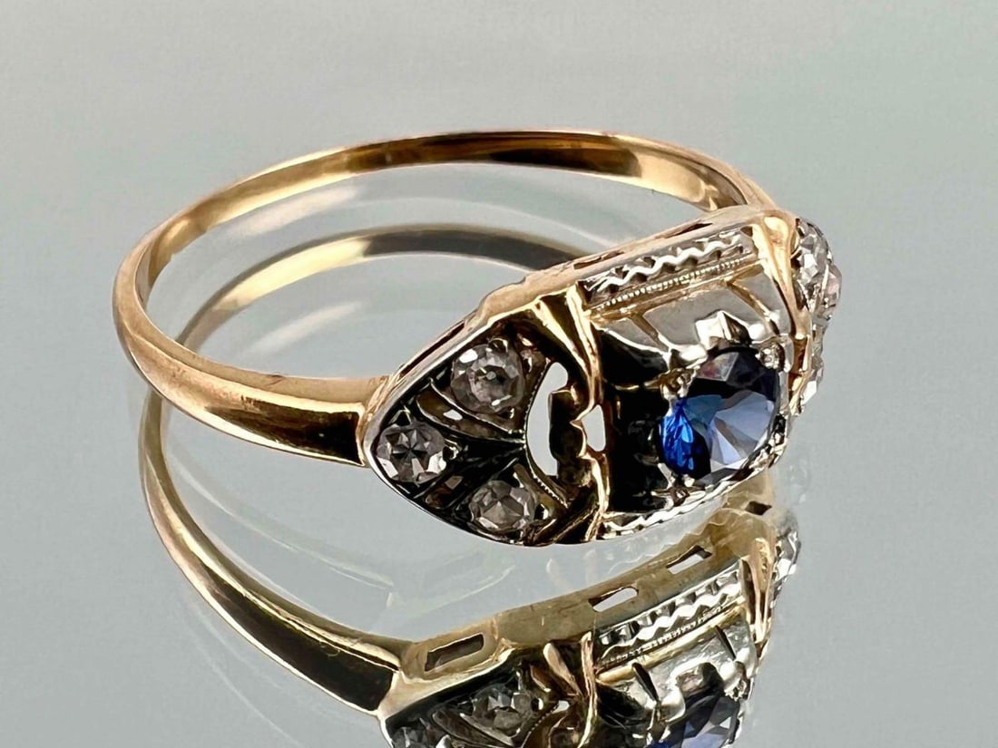 14K, 18K Art Deco Diamond Sapphire Ring (1 of 8)