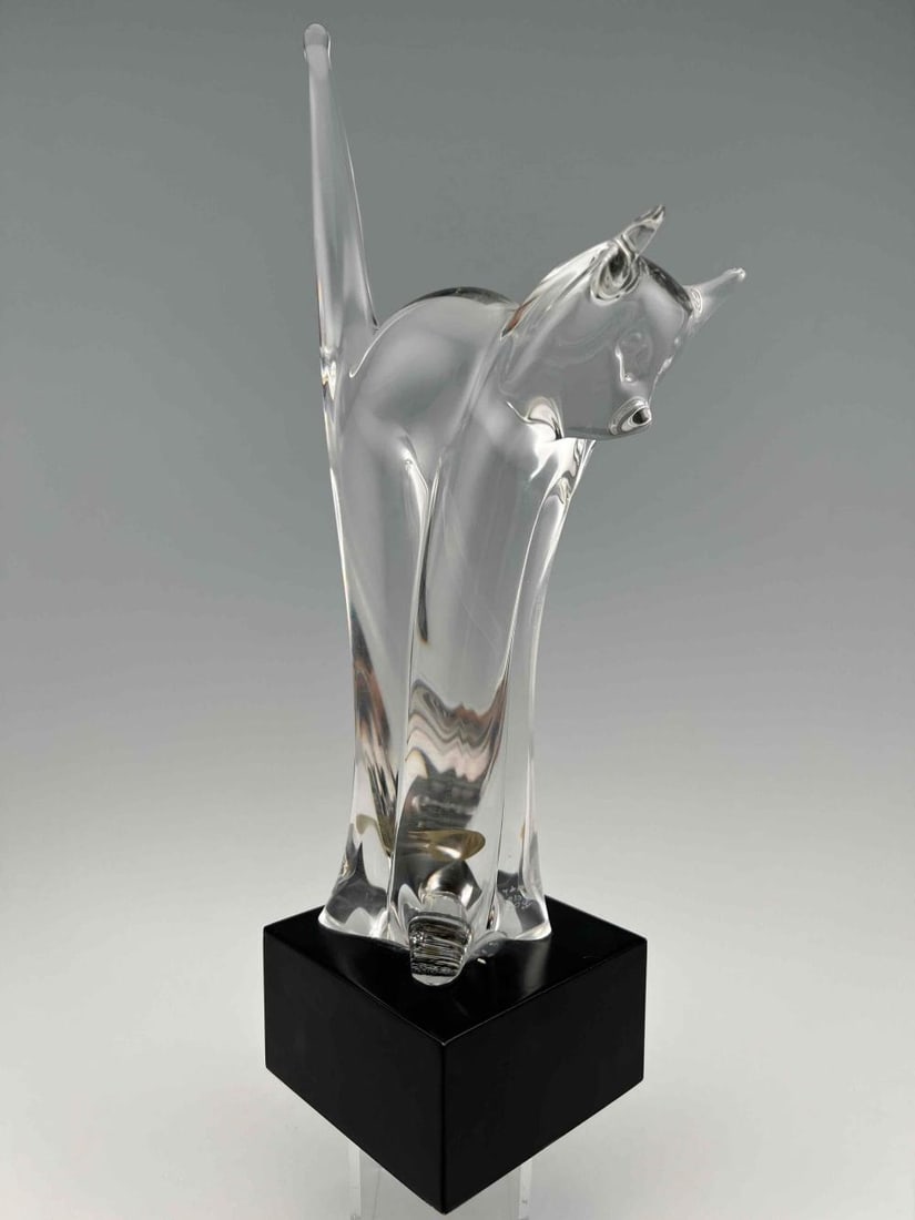 RonnebyModernist Art Glass Cat Sculpture: RonnebyModernist Art Glass Cat Sculpture. Marked FM Konstglas Ronneby Sweden. Approximately 12.125H x 5.0W x 3.1875D in.
