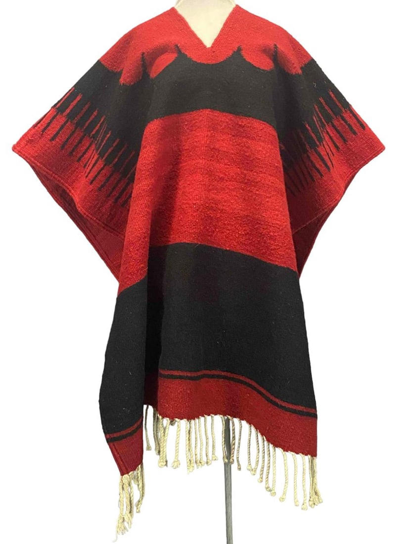 Vintage Mexican Black & Red Wool Poncho (1 of 12)
