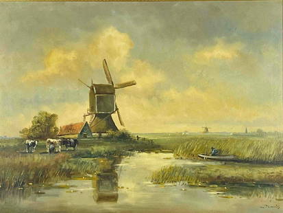 Jacobus Petrus Cornelis Van Os, Dutch Windmill Landscape, Oil on Canvas: European Landscape With Cows And Windmills, Oil On Canvas, Signed Jacobus Petrus Cornelis Van Os. As Framed Approximately 39.5W x 31.75H x 3.375D in. Sight Approximately 30.75W x 23.0H in.