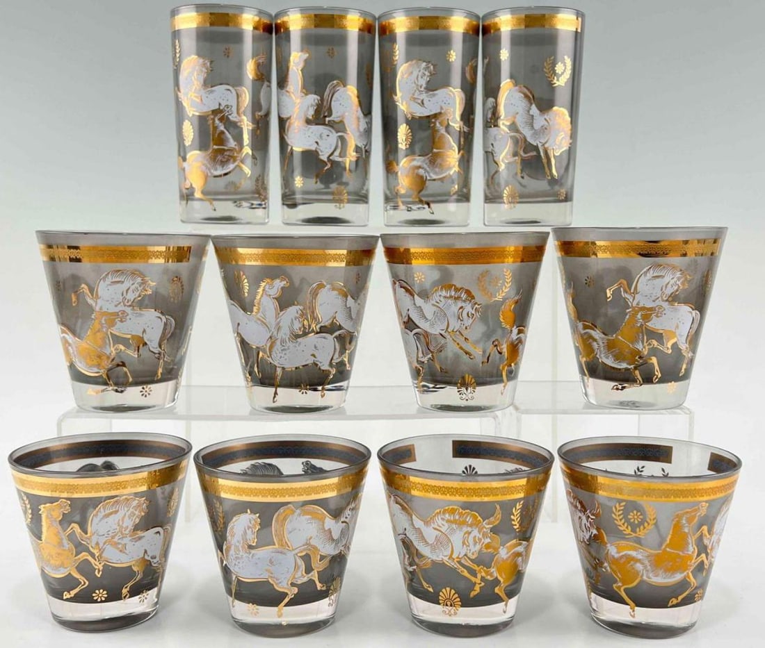 Set Of Twelve 1950's Culver Highball And Lowball Glasses With Horse