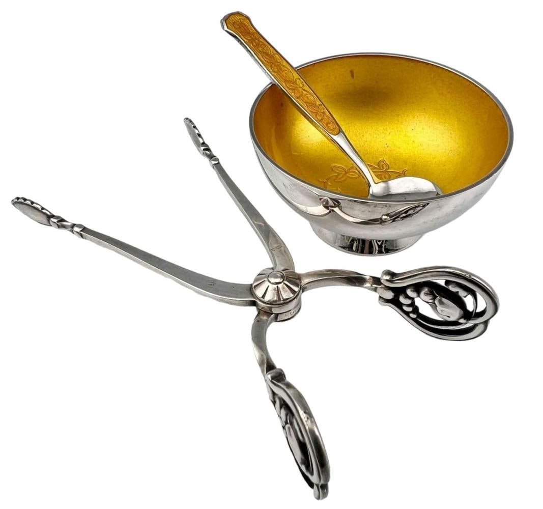 Georg Jensen Sugar Tongs & Danish Sterling Silver Enamel Salt Cellar (1 of 15)