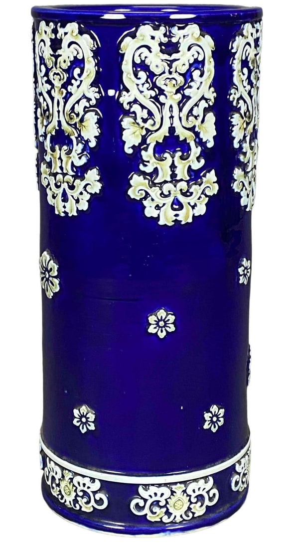 Blue & White Majolica Pottery Umbrella Stand: Blue & White Majolica Pottery Umbrella Stand. Approximately24.625H x 10.625
