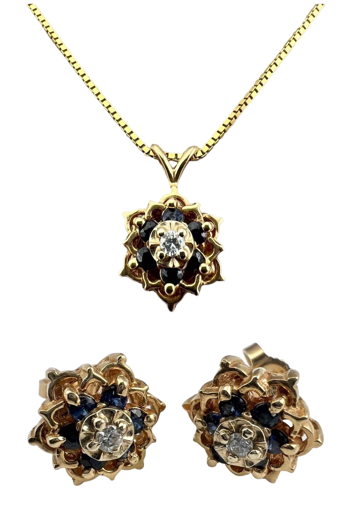 14K Diamond Sapphire Flower Necklace & Earring Set (1 of 7)