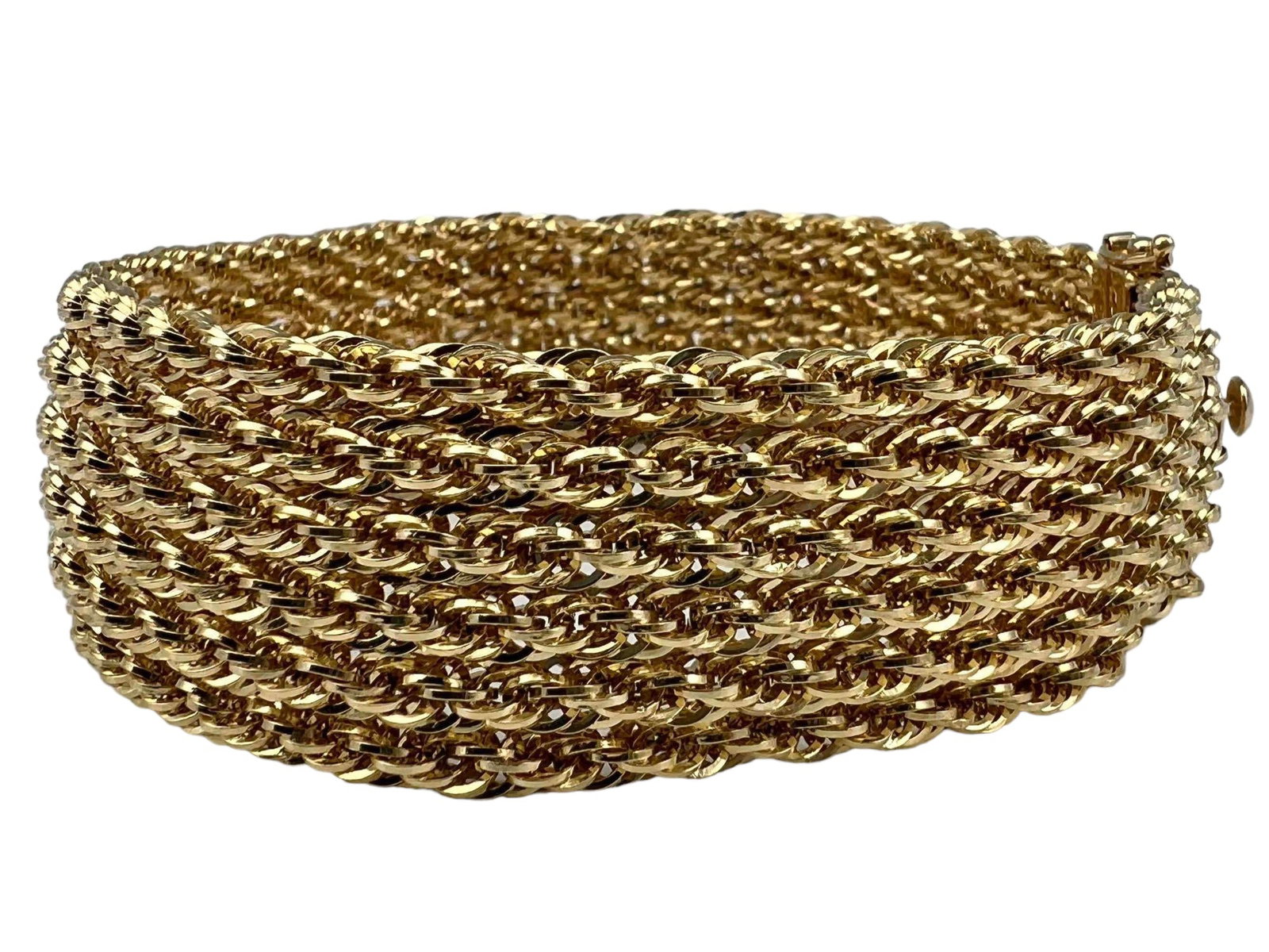 Woven Yellow Gold Bracelet: 14k Woven Yellow Gold Bracelet, 15.2g. Marked 14K, Peru. Approximately 8.0L x 0.75W in. ALL CREDIT CARDS WILL BE MANUALLY VERIFIED PRIOR TO SHIPMENT.