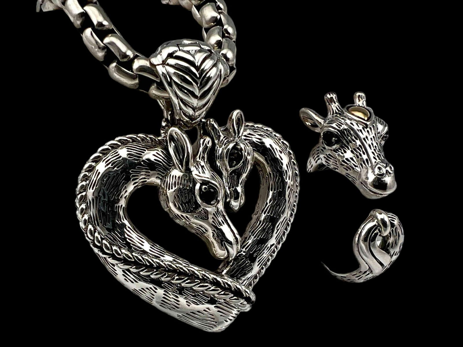 Sterling Silver Semiprecious Stone Giraffe Necklace & Ring (1 of 9)