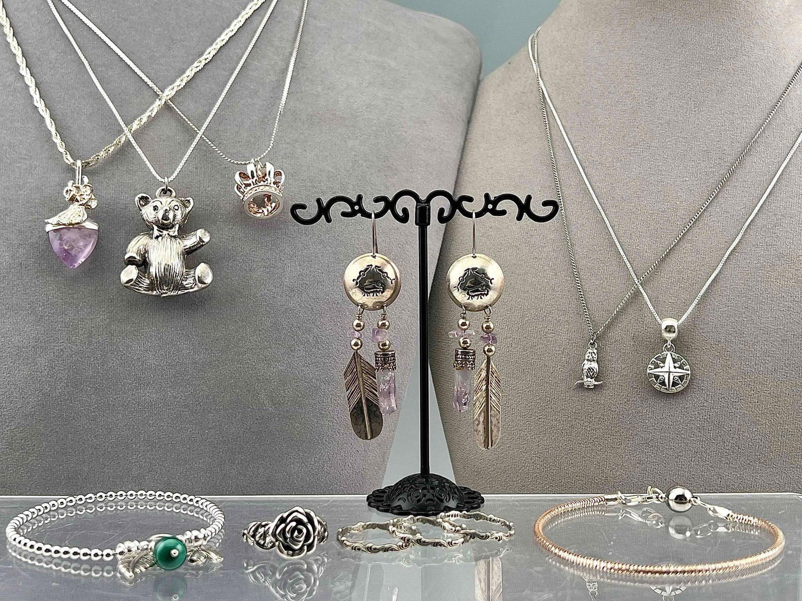 Sterling Silver Jewelry Including Amethyst: Sterling Silver Jewelry Lot, Including Amethyst 65.9g. Marked or test as Sterling. Includes Earrings, Necklaces, Bracelets, and Rings. Largest Necklace 18.0in Long, Pendant 1.5L x 1.125W in. Smallest 