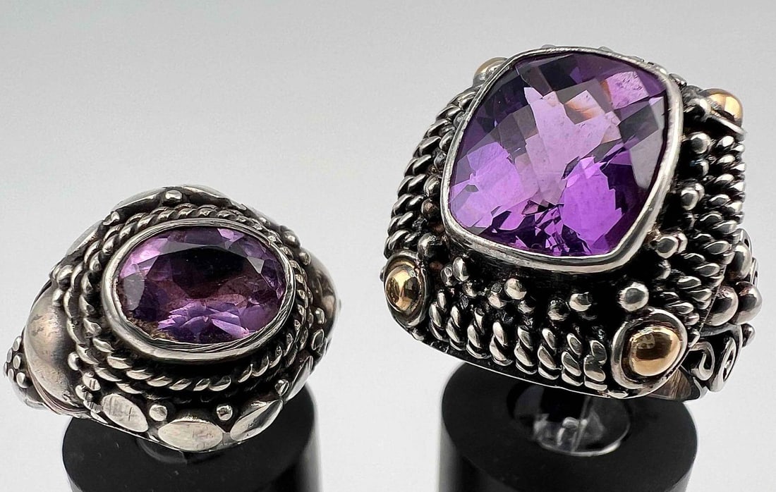 2 Sterling Silver Amethyst Rings: 2 Sterling Silver Amethyst Rings, 19.6g. Marked 925. Larger Ring Front 0.75L x 0.625W in. Smaller Ring Front 0.625L x 0.75W in. Both Ring size 8. All measurements are approximate.