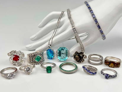 Sterling Silver Jewelry, Including Semiprecious Stones: Sterling Silver Jewelry, Including Semiprecious Stones, 107.7g. Marked or test as Sterling. Bracelets 8.0L x 0.1875Win and 7.5L x 0.1875W in. Largest Ring Front 0.75L x 0.875W in. Smallest Ring Front