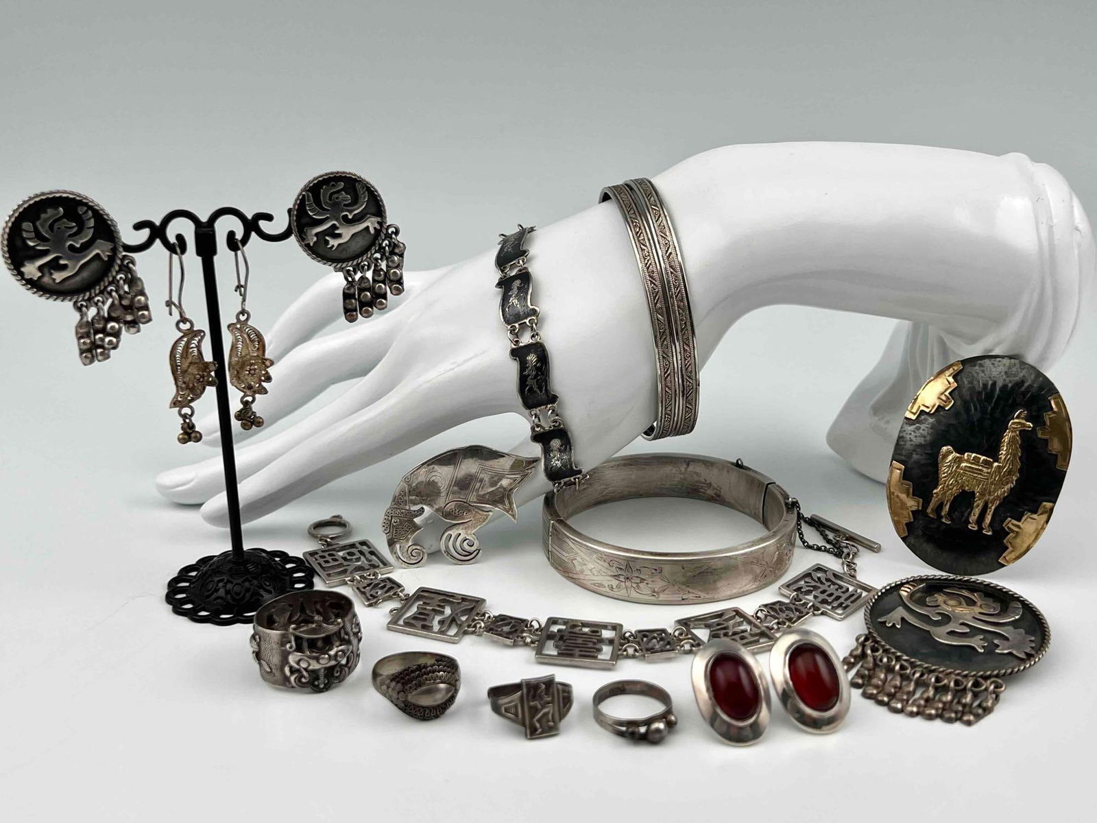 Vintage Sterling Silver Jewelry, Including Taxco: Vintage Sterling Silver Jewelry, Including Taxco, 133.3g. Marked or test as Sterling. Brooch Marked "Taxco Mericela 950." Inner Circumference of bracelets 8.0in (bangles) and 6.875in. Approximate Ring