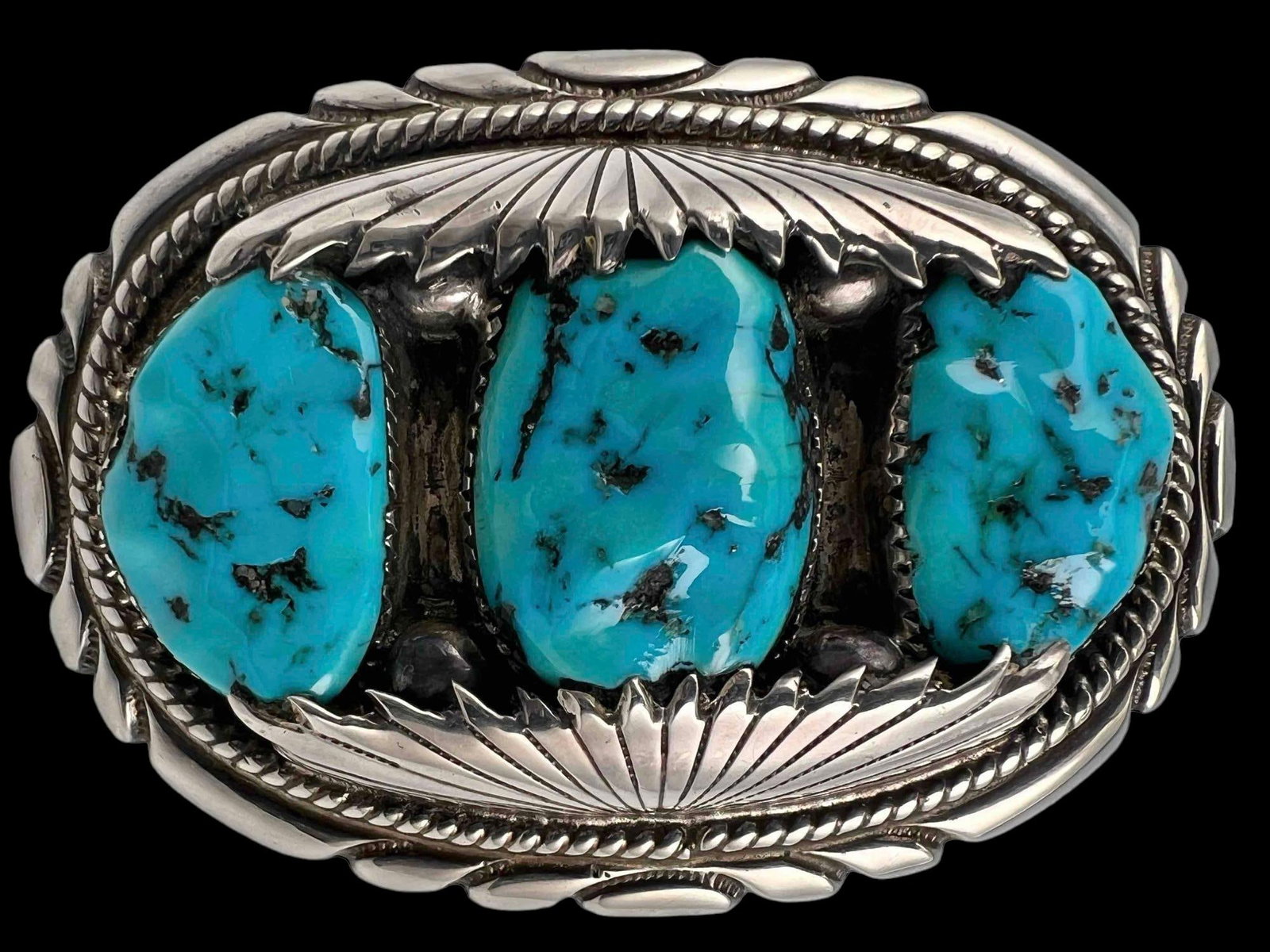 Native American Sterling Silver Turquoise Belt Buckle: Native American Sterling Silver Turquoise Nugget Belt Buckle, 53.4g. Marked Sterling, Signed RLB. Approximately 2.75L x 1.875W in.