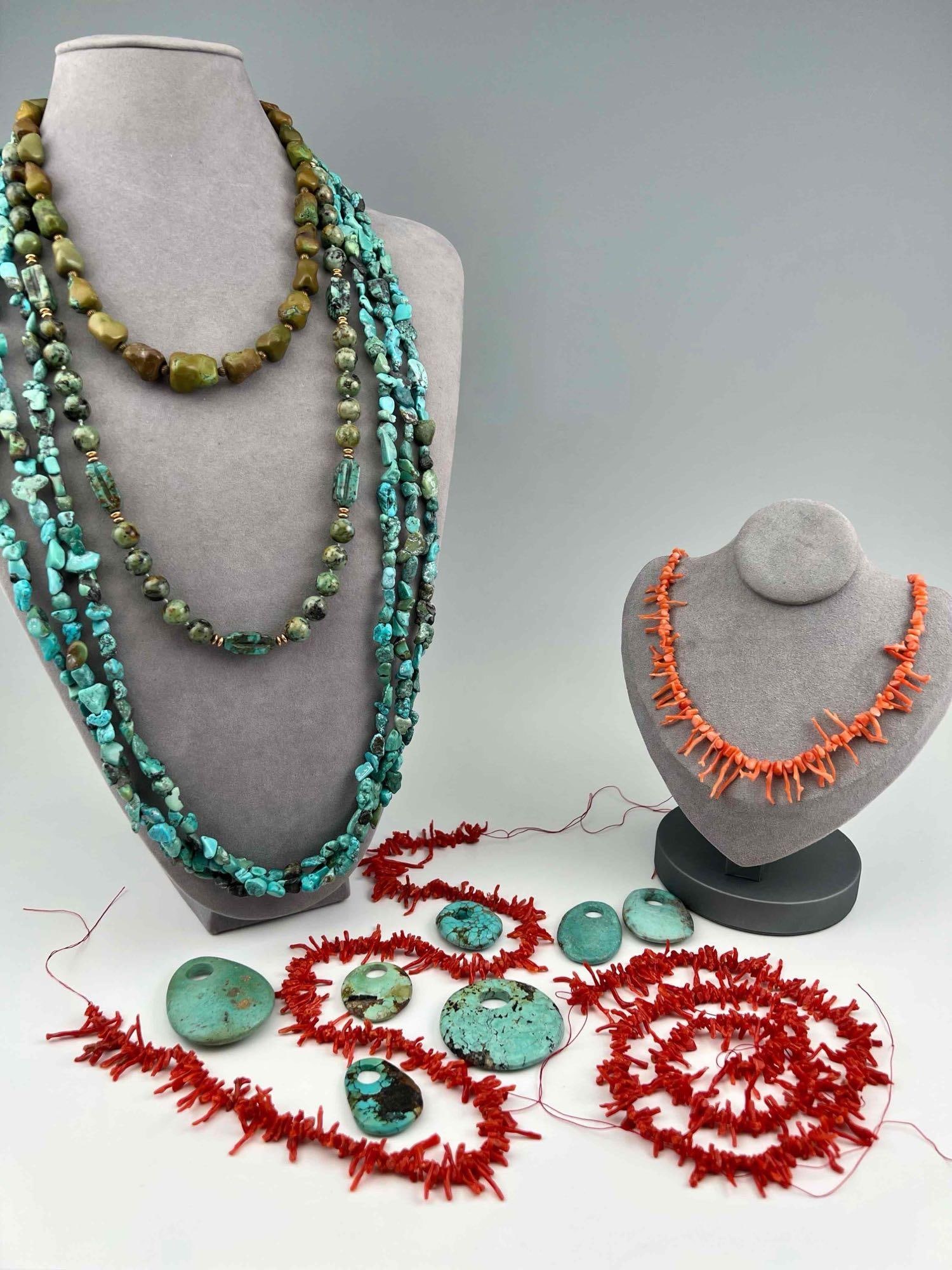 Coral And Turquoise Beads & Necklace: Coral And Turquoise Beads & Necklaces, Ideal For Jewelry Making. Longest coral strand 23.75in. Coral necklace 18.0in. Longest turquoise strand 34in (17in doubled). Shortest turquoise necklace 18.0in. 