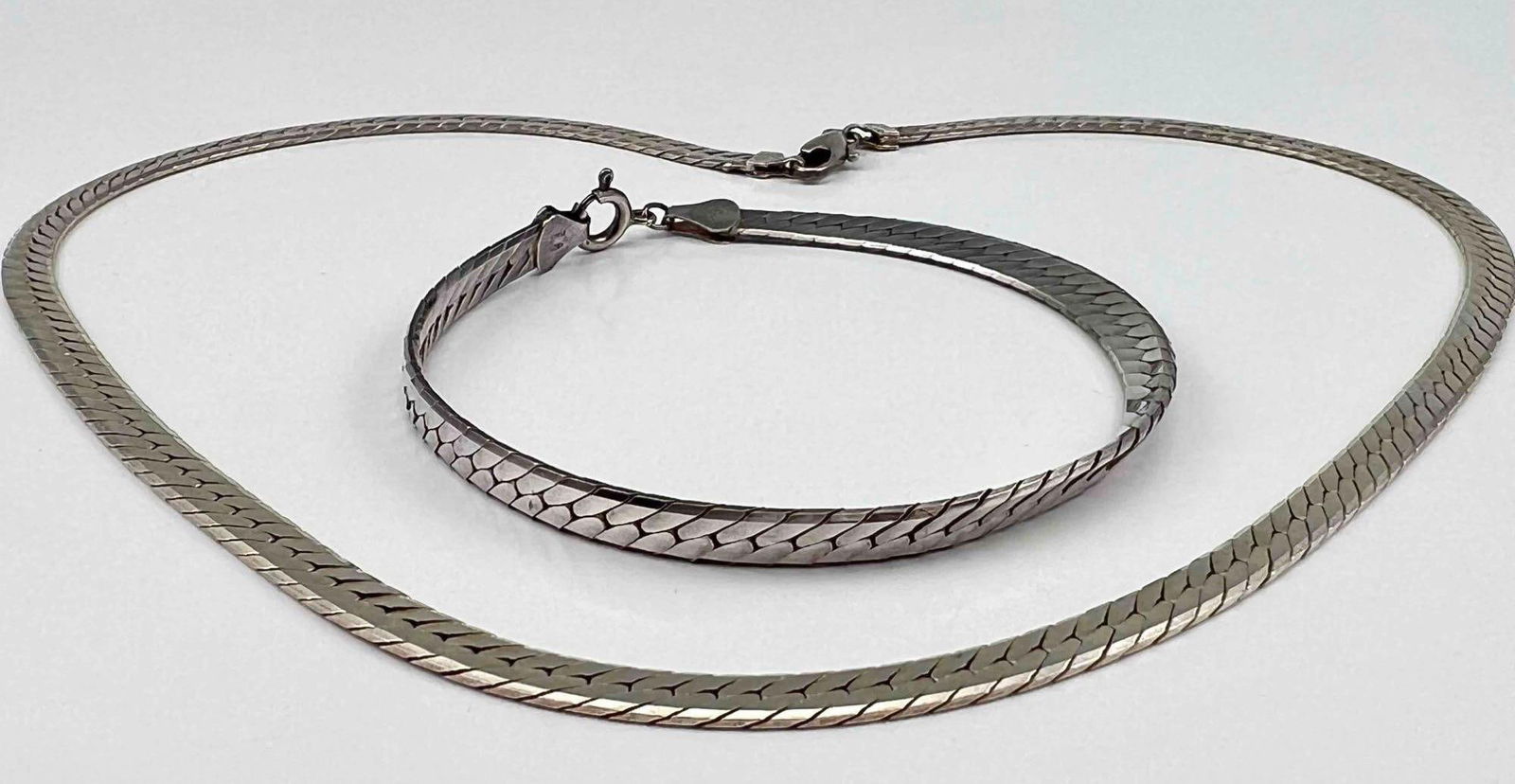 Sterling Silver Herringbone Necklace & Bracelet Set (1 of 8)