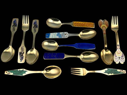 Mid Century Danish Sterling Silver Enamel Christmas Flatware: Mid Century Danish Sterling Silver Enamel Christmas Flatware, 489.5g. 9 Pieces Marked A. Michelsen Denmark Sterling. 2 Pieces marked Sorenco Denmark Sterling. 6.375L x 1.375W in. All measurements are