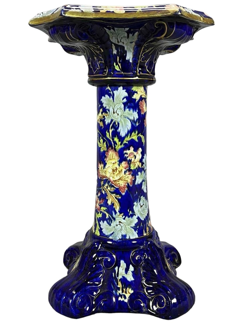English 19th Century Decorated Porcelain Pedestal Plant Stand With Cobalt Blue & Floral Design (1 of 17)