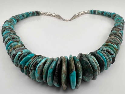 Navajo Sterling Silver Graduated Turquoise Flat Bead Necklace: Navajo Sterling Silver Graduated Flat Bead Necklace. Approximately 21" Length, largest bead 18.71mm., 93.1g.