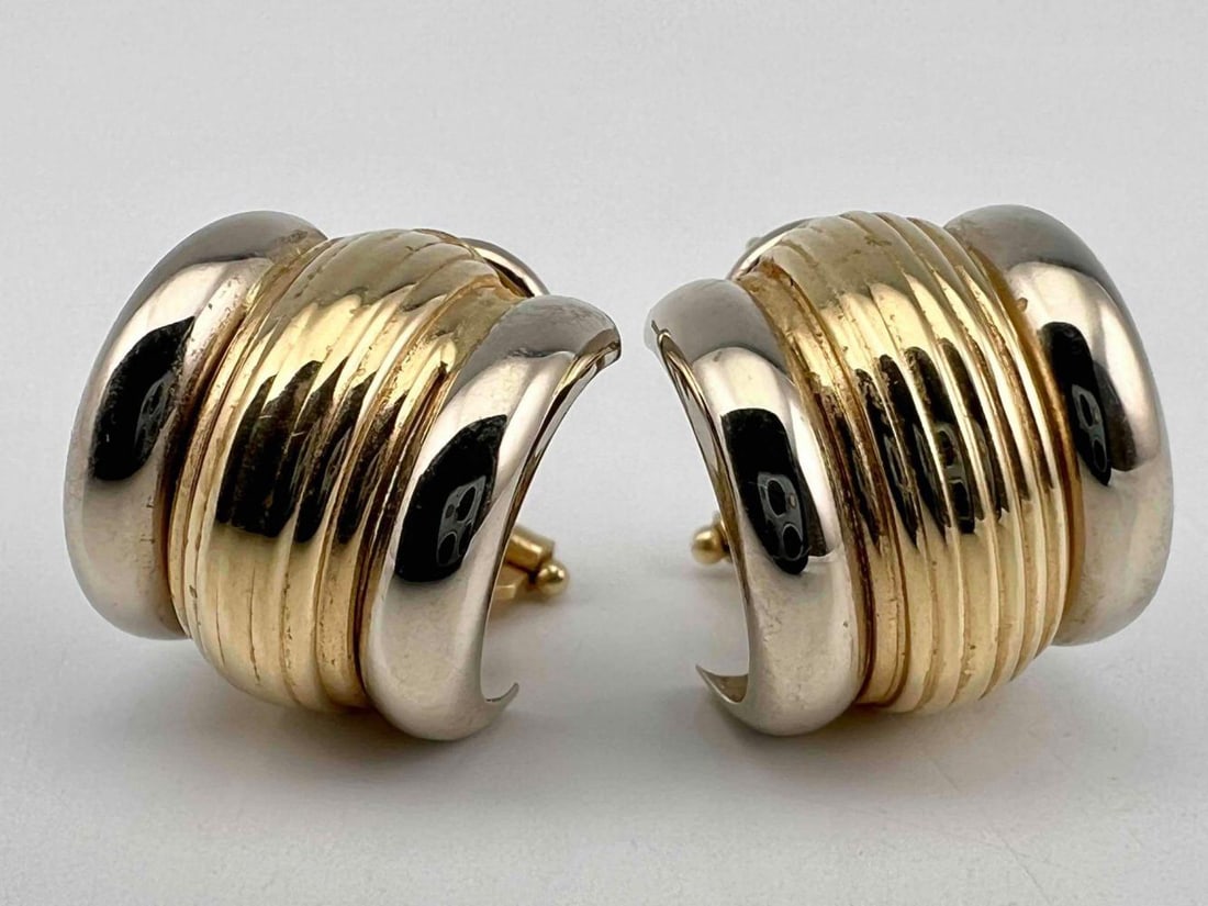 14K White & Yellow Gold Earrings: 14K White & Yellow Gold Earrings, 4.4g. Marked 585 Italy. Approximately 0.625L x 0.5W in. ALL CREDIT CARDS WILL BE MANUALLY VERIFIED PRIOR TO SHIPMENT.