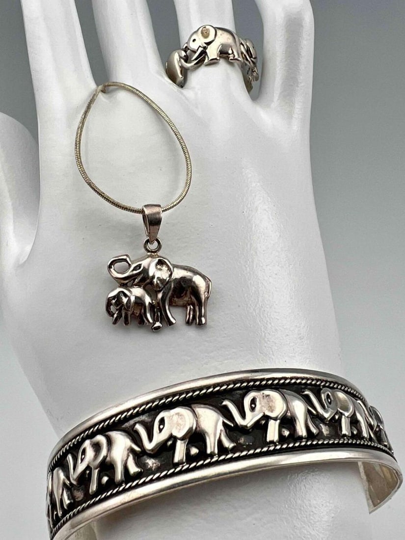 Sterling Silver Elephant Cuff, Ring & Necklace (1 of 7)