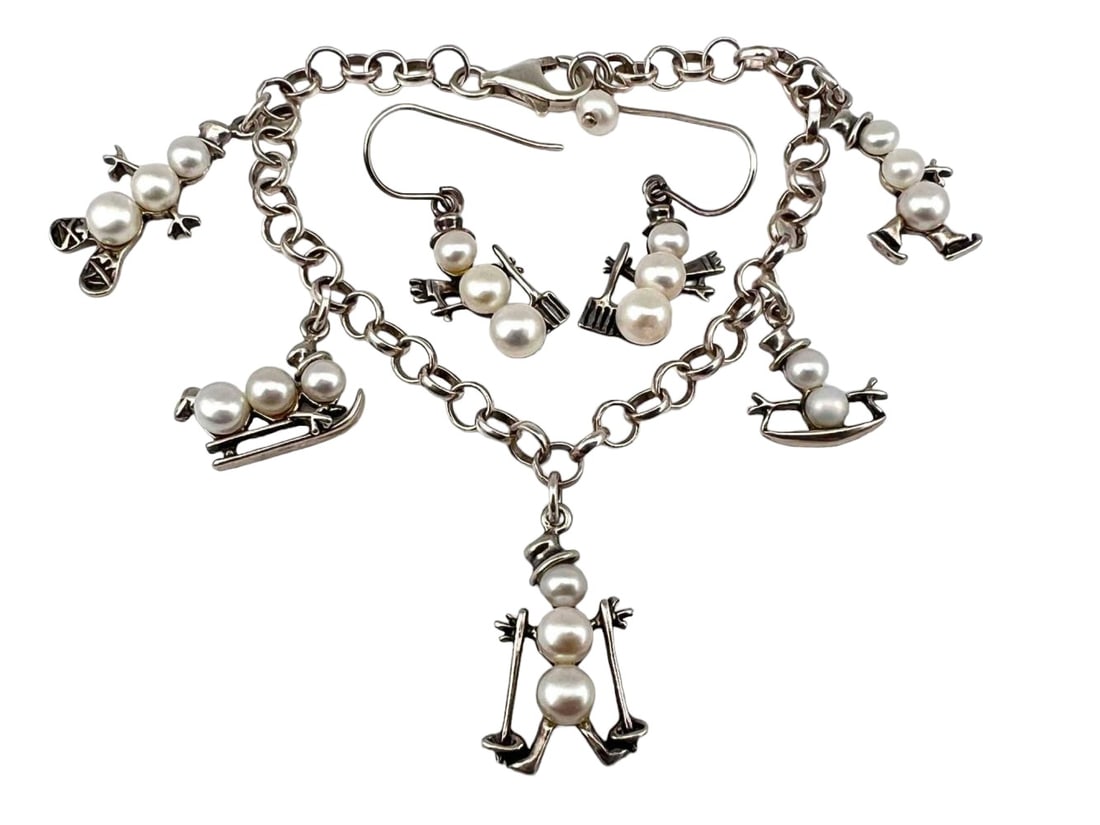 Sterling Silver Pearl Snowman Bracelet & Earrings Set (1 of 15)