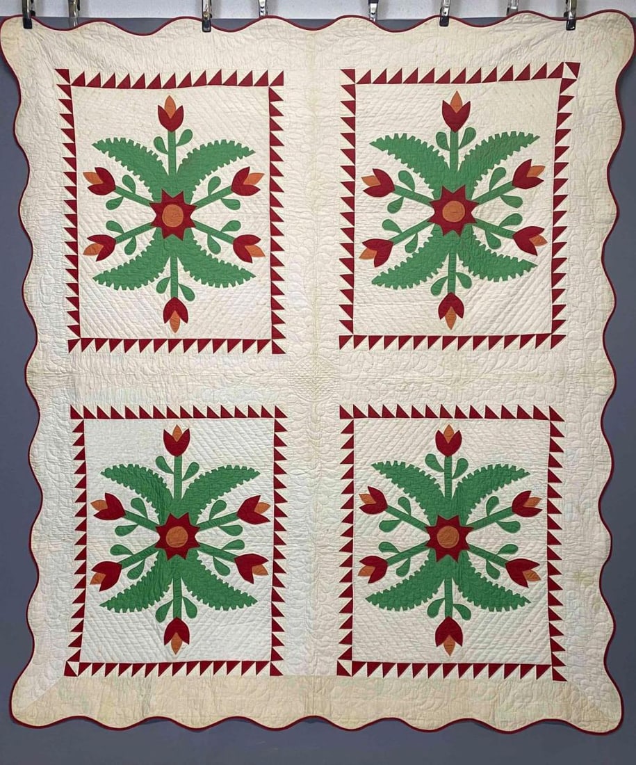Older Hand Stitched Red & Green Quilt With Floral Design. (1 of 11)