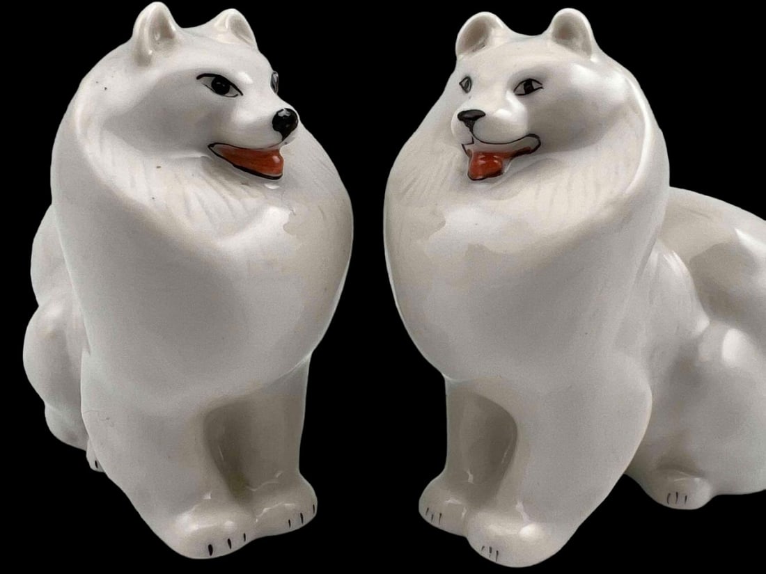 Pair of Mid Century Soviet Porcelain Samoyed Dog Figures: Pair Of Porcelain Dog Figures. Marked "Made In USSR." Approximately 3.25L x 1.75W x 3.0H in.