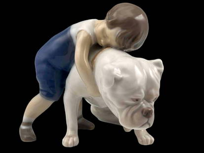 Bing & Grondahl Porcelain Boy & Bulldog Figure: Bing & Grondahl Porcelain Boy & Dog Figure. Marked "B&G Made in Denmark 1790." Largest Approximately 5.0W x 4.0H x 4.0D in.