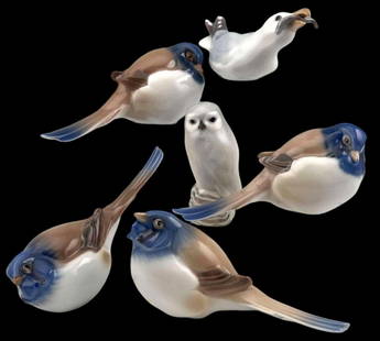 Group Of Royal Copenhagen, Bing & Grondahl Porcelain Bird Figures: Group Of Royal Copenhagen, Bing & Grondahl Porcelain Bird Figures. Marked "Made In Denmark, B&G" and "Denmark 1741". Largest Approximately 5.5L x 2.25W x 2.0H in. Smallest Approximately 5.0L x 2.0W x