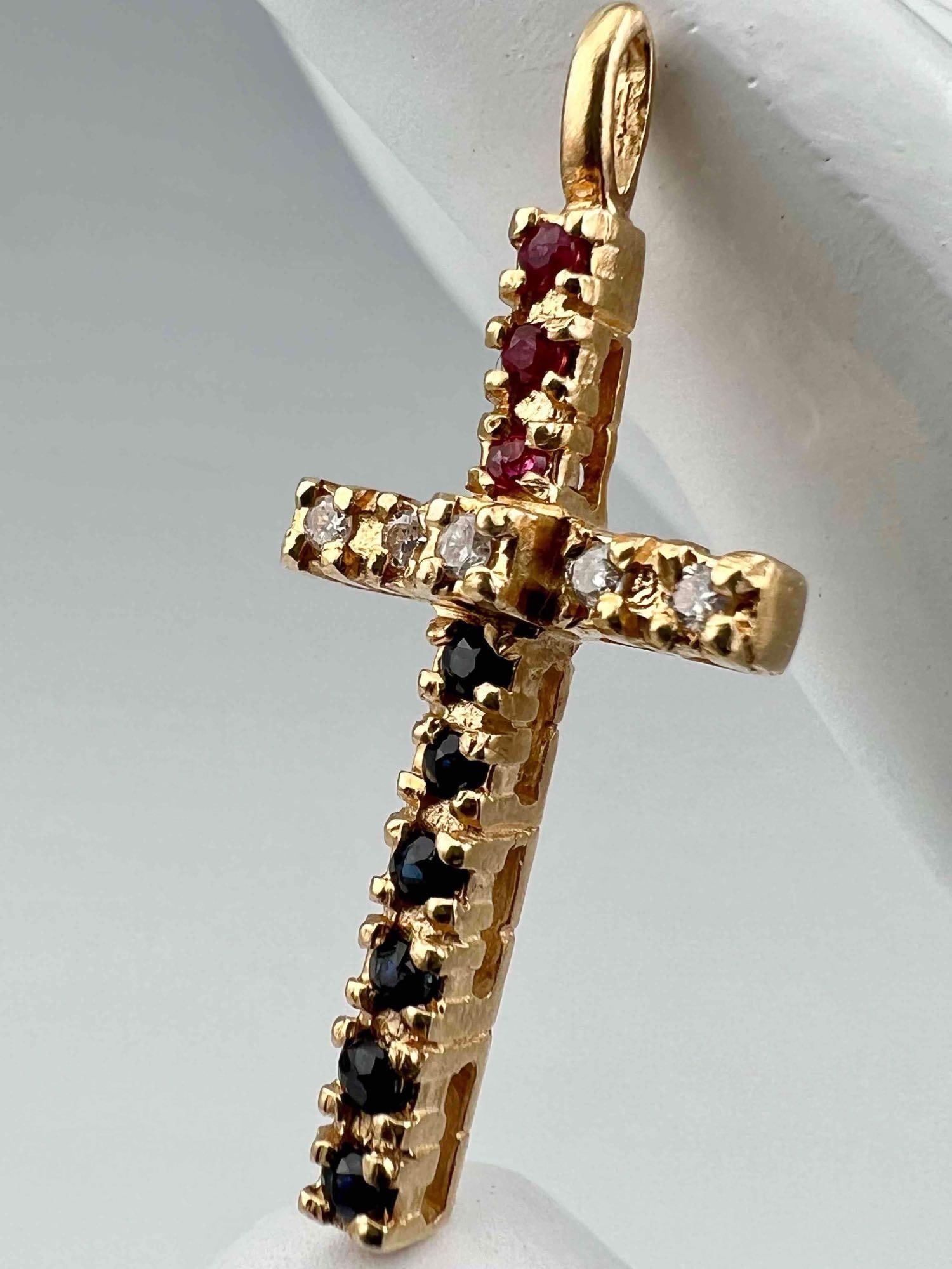 14K Diamond, Ruby, & Sapphire Cross Pendant (1 of 8)