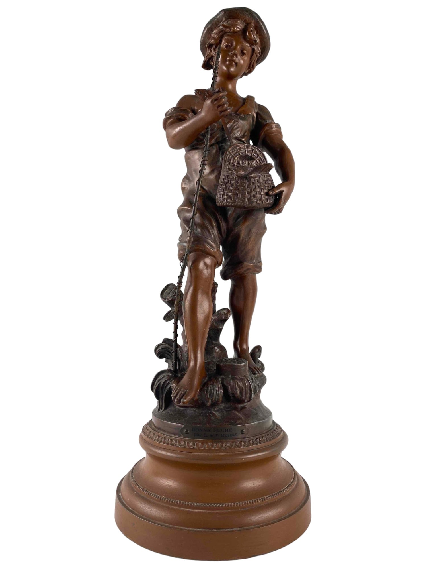 After L & F Moreau, Bonne Peche, Bronze Patinated Metal Sculpture Of Boy With Fish: After L & F Moreau, Bonne Peche, Bronze Patinated Metal Sculpture Of Boy With Fish. Signed L&F Moreau. Marked "Bonne Peche par L.&F. Moreau." Approximately 16.375H x 6.25W x 6.25D in.