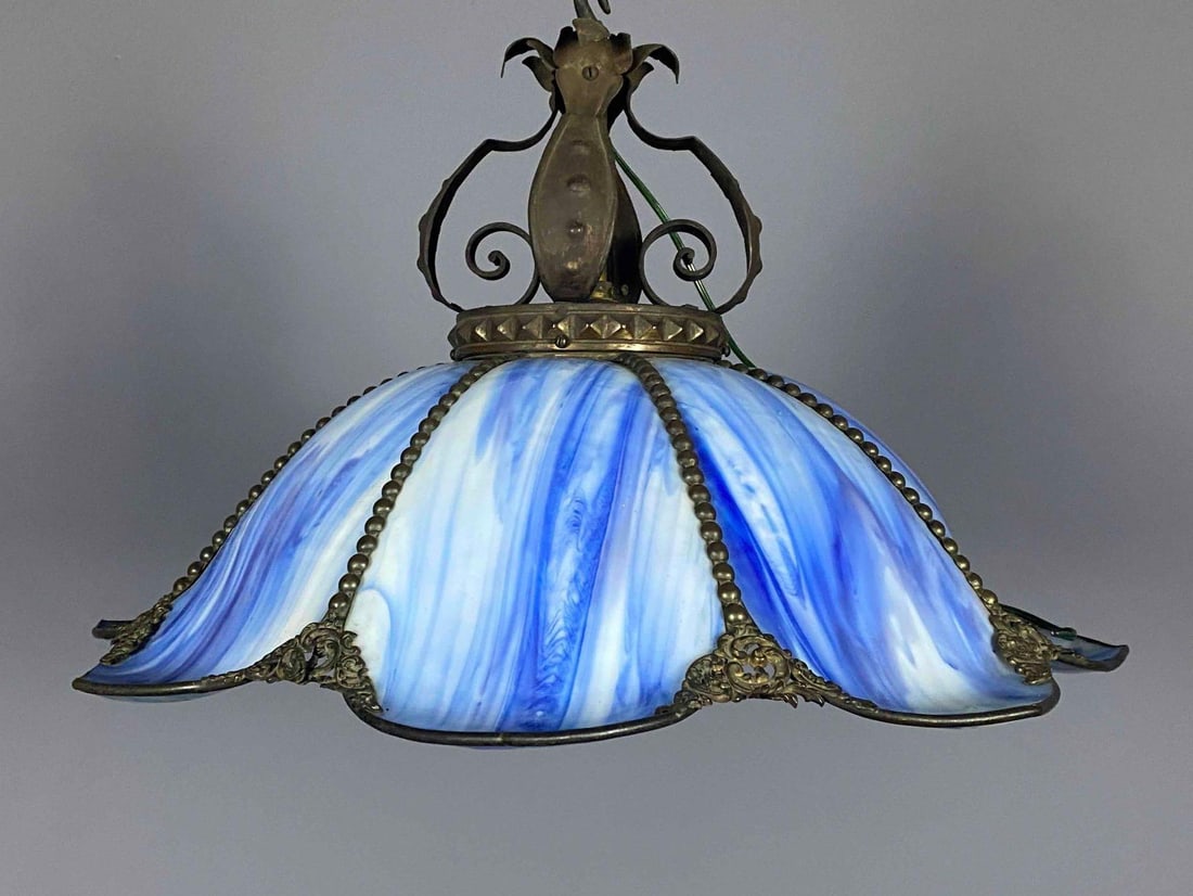 Blue Slag Glass Pendant Chandelier Light (1 of 12)