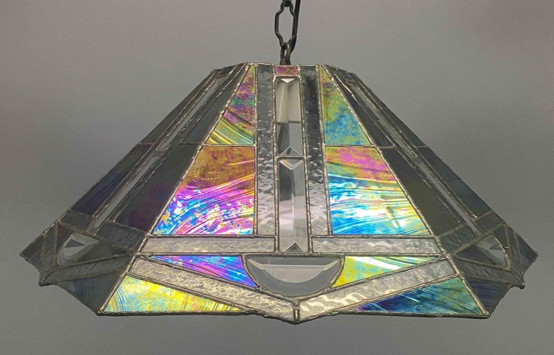 Opalescent Stained Glass Pendant Lamp: Opalescent Stained Glass Pendant Lamp. Approximately 19.5W x 10.0H in. Chain Approximately 33in Long.