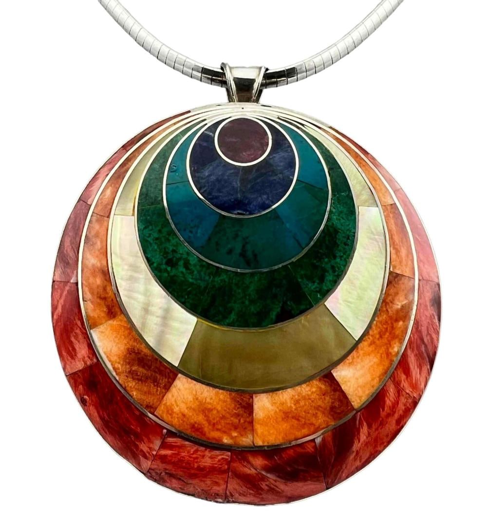 Sterling Silver Spiney Oyster, Lapis, Malachite, Shell Motif Inlay Necklace (1 of 10)