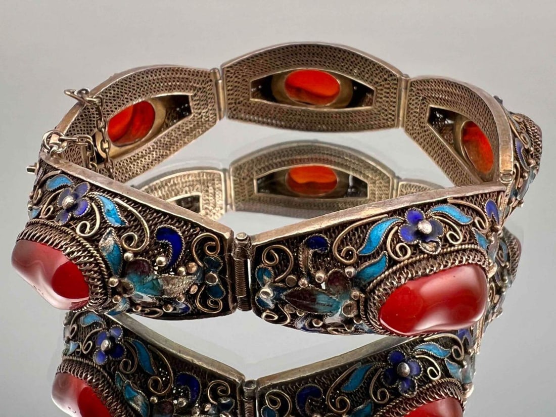 Vintage Chinese Enameled Vermeil & Carnelian Bracelet (1 of 12)
