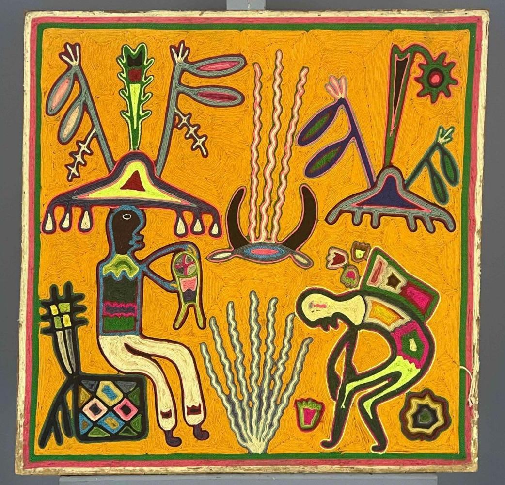 Raymundo De La Rosa, Shamanic Scene, Huichol Yarn Painting On Wood (1 of 14)