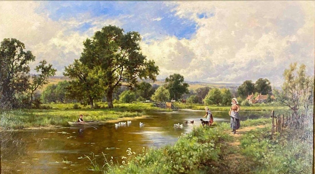 Henry. H. Parker (British, 1858-1930), Landscape With Children And Dog, Oil On Canvas (1 of 14)