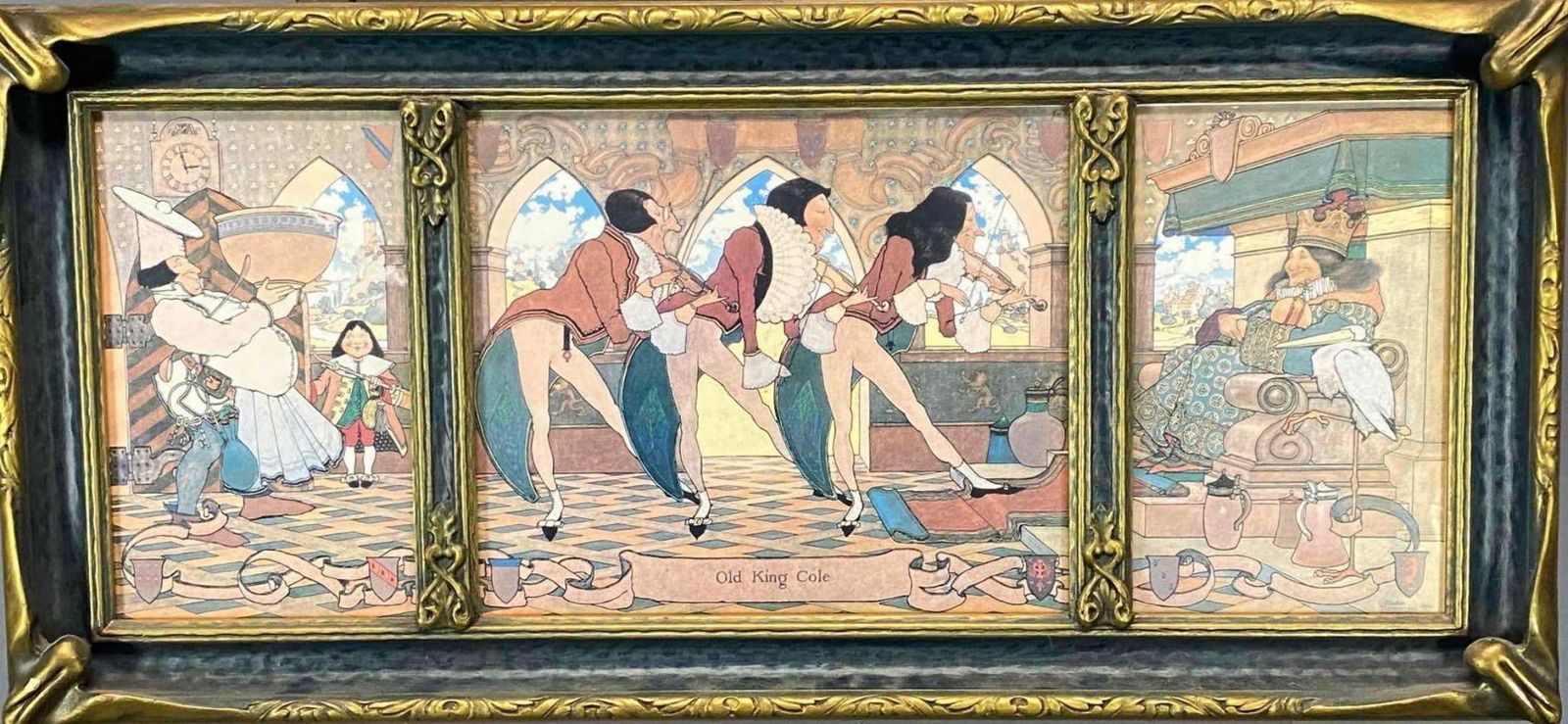 Maxfield Parrish, Dream Garden Framed Old King Cole Print: Maxfield Parrish, Old King Cole, Framed Prints. Marked "Maxfield Parrish 1894" Framed 29.75W x 13.75H x 1.75D in. Sight Large 11.5W x 9.75H in Small 9.75H x 5.75W in. All Measurements are Approximate.