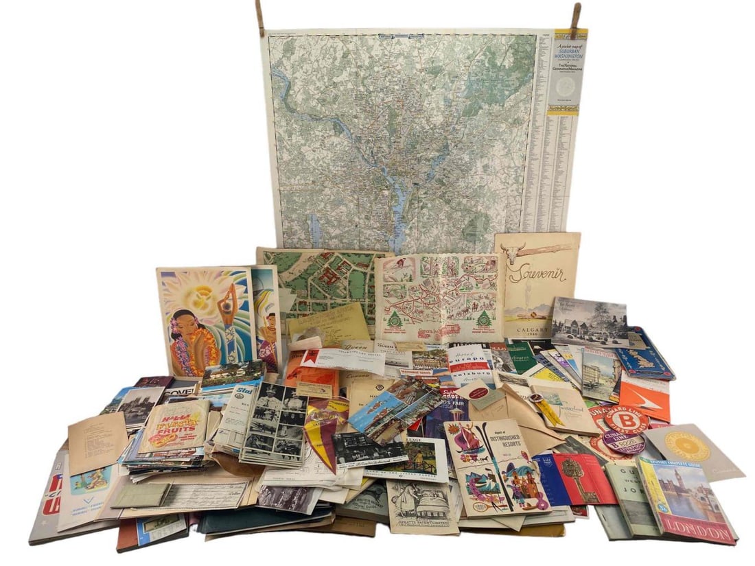 Mid Century Maps & Travel Ephemera (1940's-1970's): Mid Century Maps & Travel Ephemera (1940's-1970's). Largest map 33.0W x 23.25H in. Smallest label 3.375H x 3.625W in. All measurements are approximate.