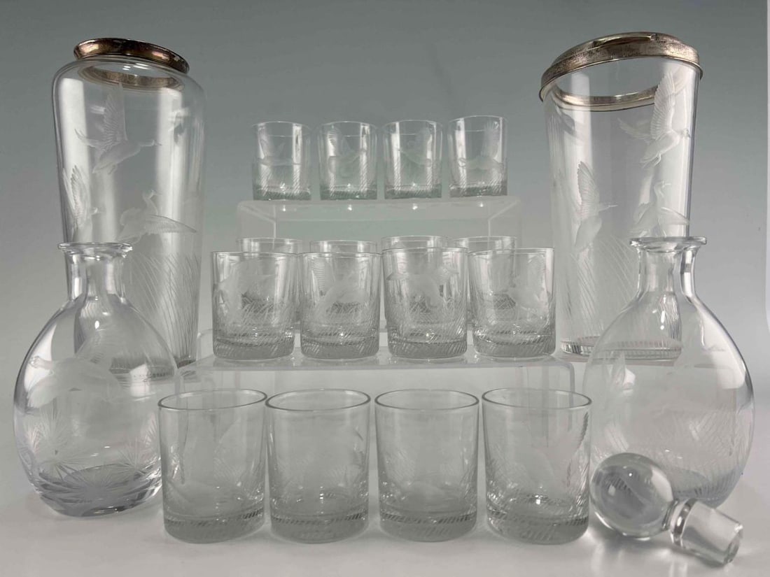 21 Piece Richard Bishop Etched Crystal Decanter Set With Sterling Silver Rim (1 of 15)