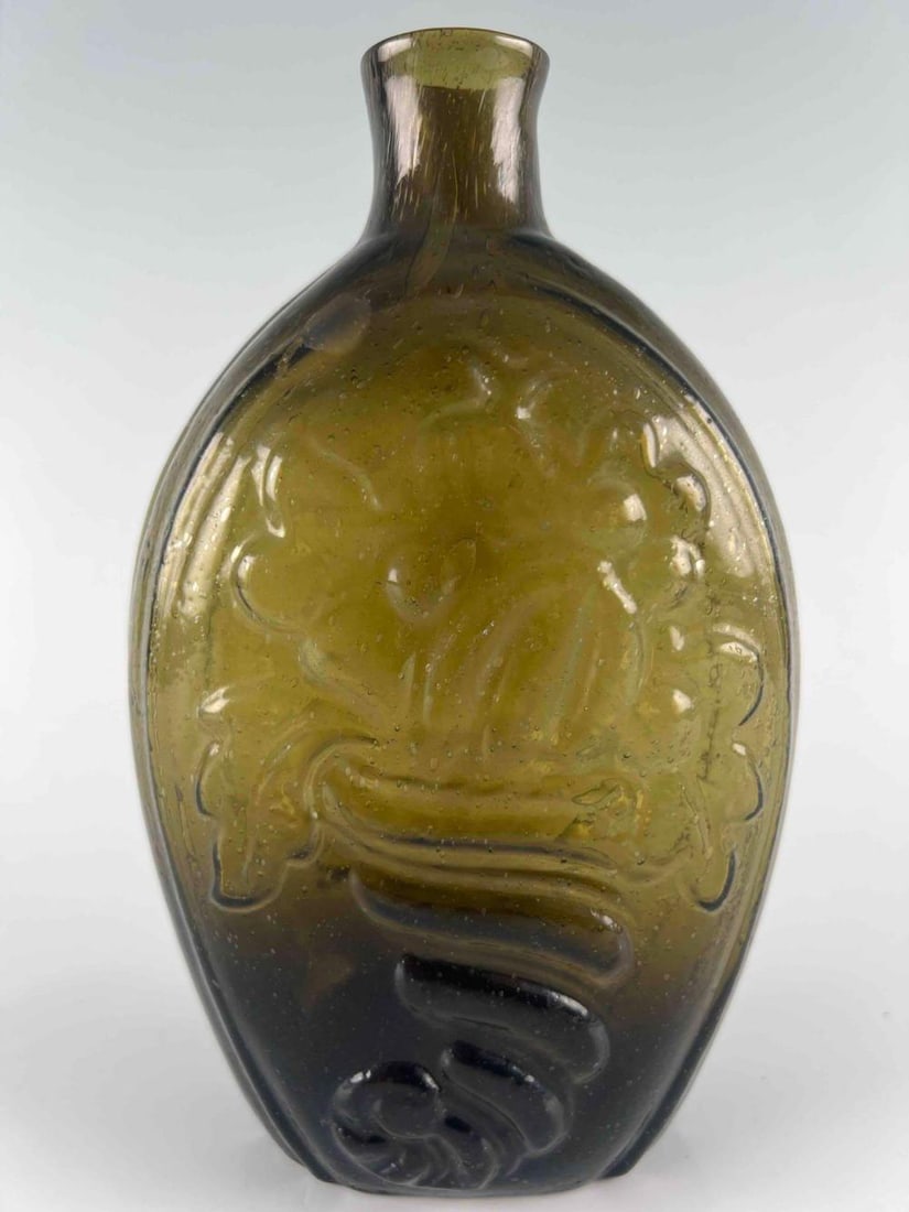 Mid 19th Century Olive Green Antique American Flask With Open Pontil & Cornucopia Motif (1 of 10)