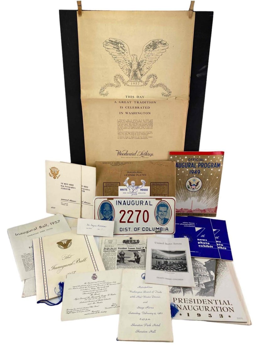 U.S. & Canadian Political Ephemera And License Plate, 1949- 1957: U.S. & Canadian Political Ephemera And License Plate, 1949- 1957. Largest piece 22.0H x 15.125W in. Smallest 5.5W x 2.5H in. All measurements are approximate.