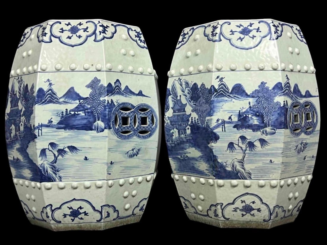 Pair of Chinese Blue and White Porcelain Drum Stools (1 of 17)