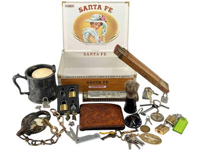 Lot Of Antiques & Collectibles: Lot Of Antiques & Collectibles. Includes Locks, Keys, Shaving Tools, And More. Largest Piece 3.75H x 4.625W x 3.625W in. Smallest Piece 0.5H x 0.5W in. Box 9.125L x 6.25W x 2.75H in.